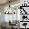 Rustic Farmhouse 10-Light Candle Chandelier, Black Metal and Wood Round Hanging Light Fixture for Dining Room, Kitchen, Living Room, Adjustable Height