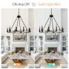 Rustic Farmhouse 10-Light Candle Chandelier, Black Metal and Wood Round Hanging Light Fixture for Dining Room, Kitchen, Living Room, Adjustable Height