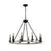 Rustic Farmhouse 10-Light Candle Chandelier, Black Metal and Wood Round Hanging Light Fixture for Dining Room, Kitchen, Living Room, Adjustable Height