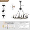 Rustic Farmhouse 10-Light Candle Chandelier, Black Metal and Wood Round Hanging Light Fixture for Dining Room, Kitchen, Living Room, Adjustable Height
